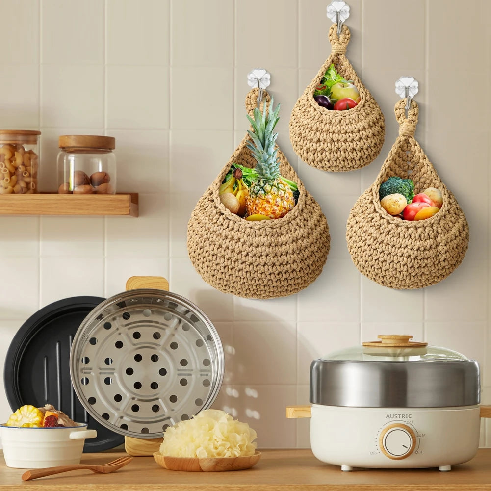 Handwoven Wall Hanging Fruit Vegetable Basket - Eco-Friendly Jute Teardrop Basket