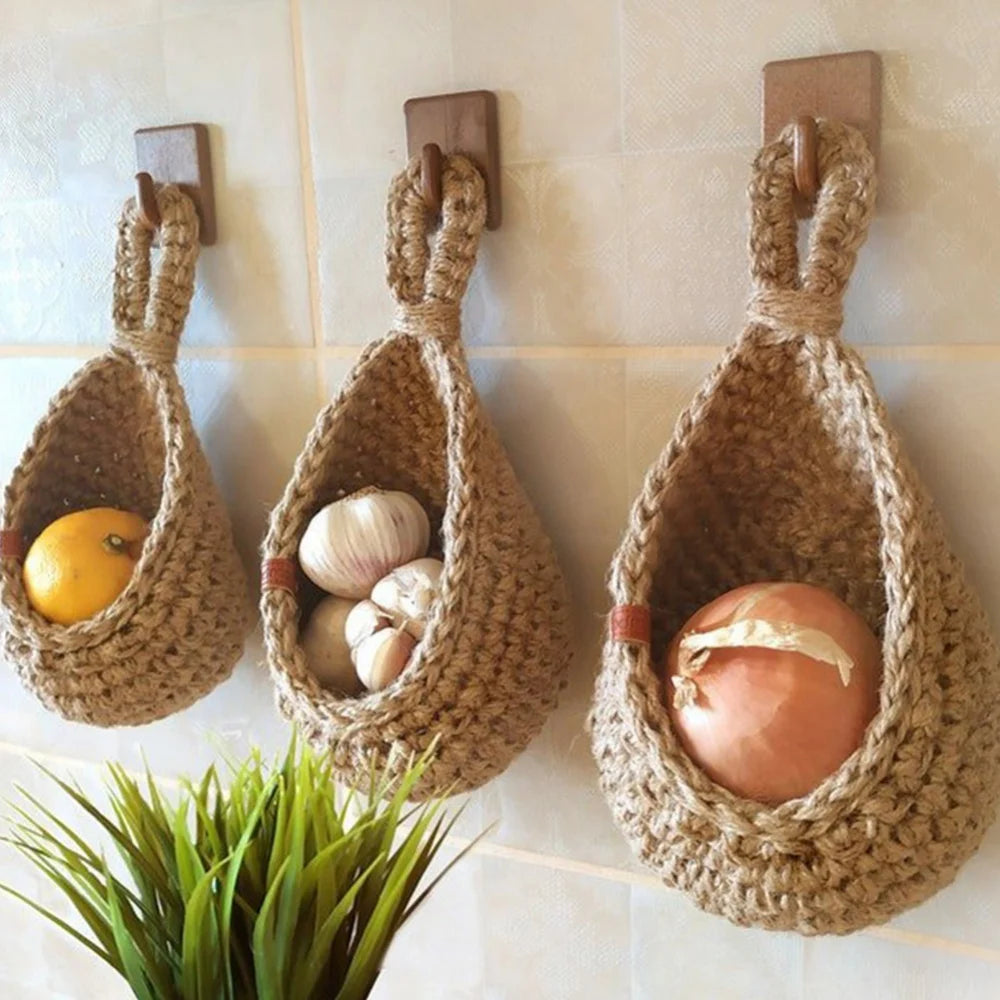 Handwoven Wall Hanging Fruit Vegetable Basket - Eco-Friendly Jute Teardrop Basket