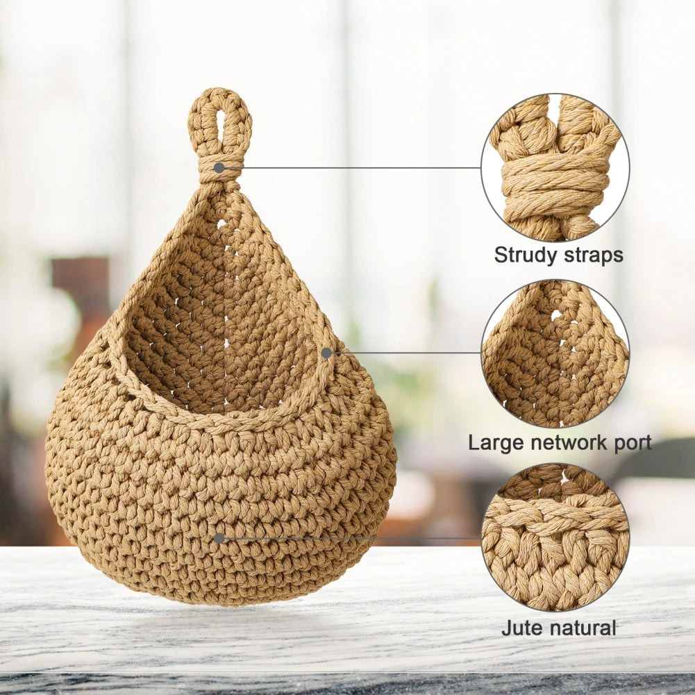 Handwoven Wall Hanging Fruit Vegetable Basket - Eco-Friendly Jute Teardrop Basket